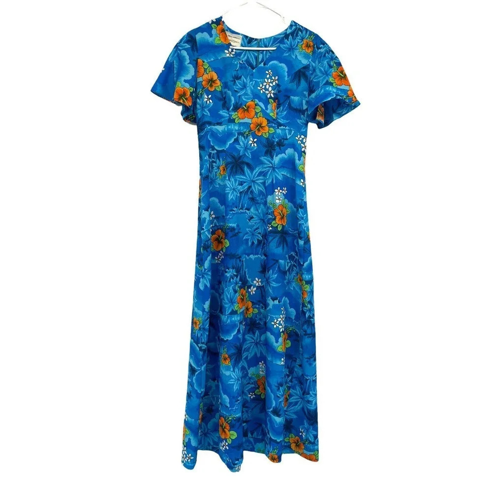 Vintage 70's Royal Hawaiian Maxi Dress Blue Floral Talon Zipper